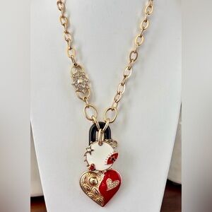 Laura Ford Enameled Red Heart, 3 charm, gold chain,bracelet & post earrings
